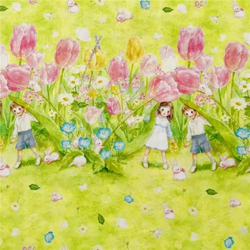 Akvarelis, meitene, zēns, tulpju Ziedu 100% kokvilnas auduma Ziedi, Audumi, Raibs Audums,DIY Šūšanas Quilting Materiāls Par Bērnu audums