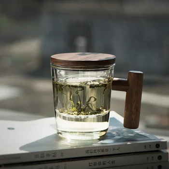 Karstumizturīga stikla tējas krūze ar filtru tējas tase ar koka rokturi birojs stikla tējas tasi un ziedu tēja cup krūze