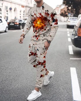 Vīriešu 2-Gabals 3D Sprādziena Fragments Iespiesti Sporta apģērbu ar garām Piedurknēm T-Krekls Gadījuma Streetwear Lielgabarīta Sporta Vīriešu 2-Gabals